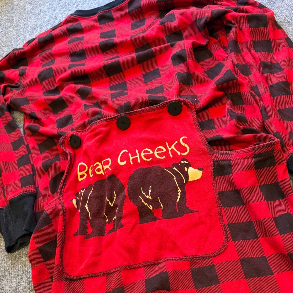 Lazy One Bear Cheeks Red Buffalo Plaid Union Suit Pajamas Adult Medium Cotton